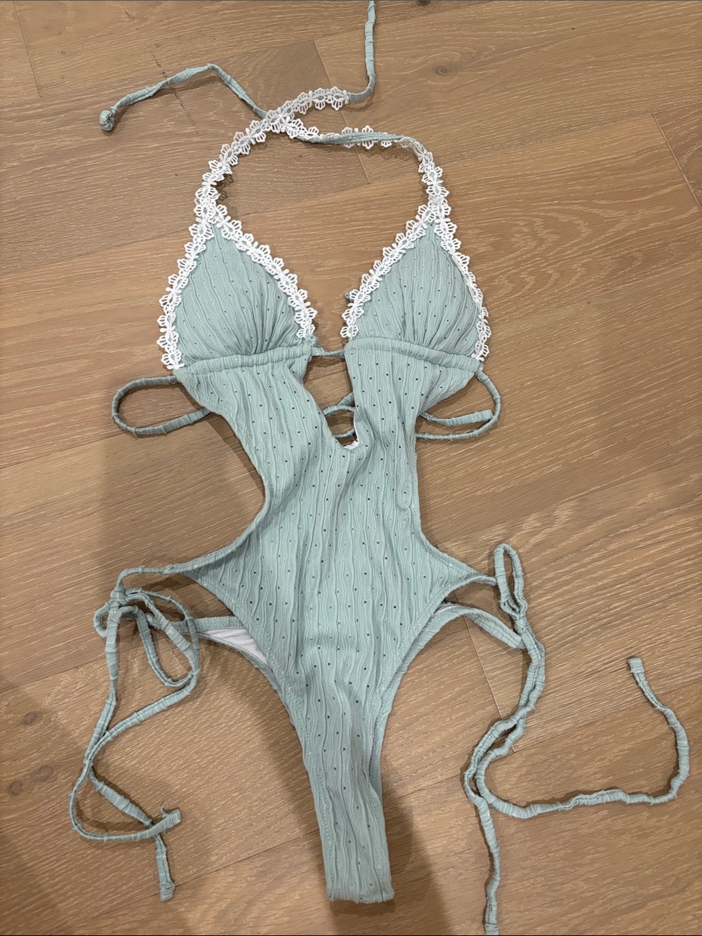 Mint Green One-Piece Swimsuit with White Lace Trim